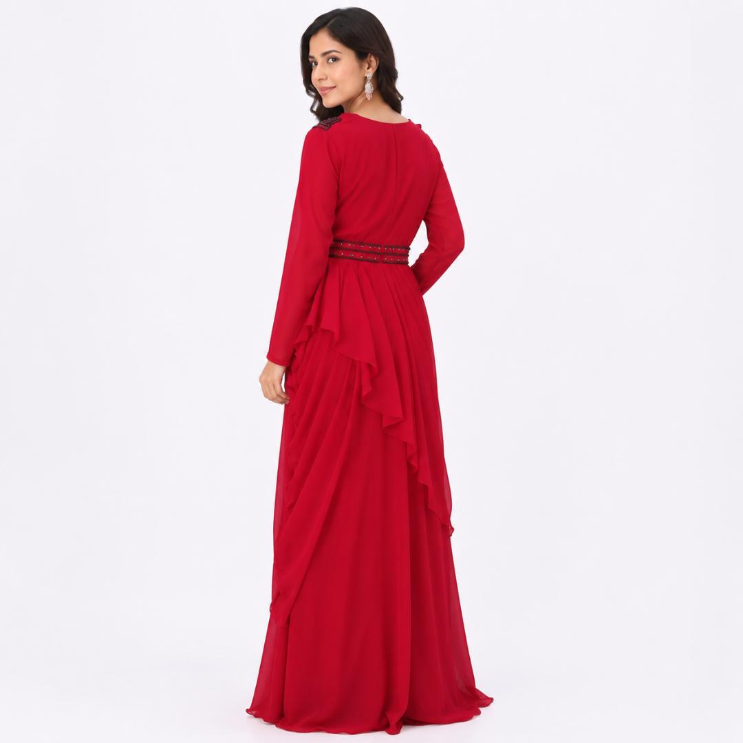 Red Ruffle Gown for Women | Heavy Party Wear Long Gown with Belt