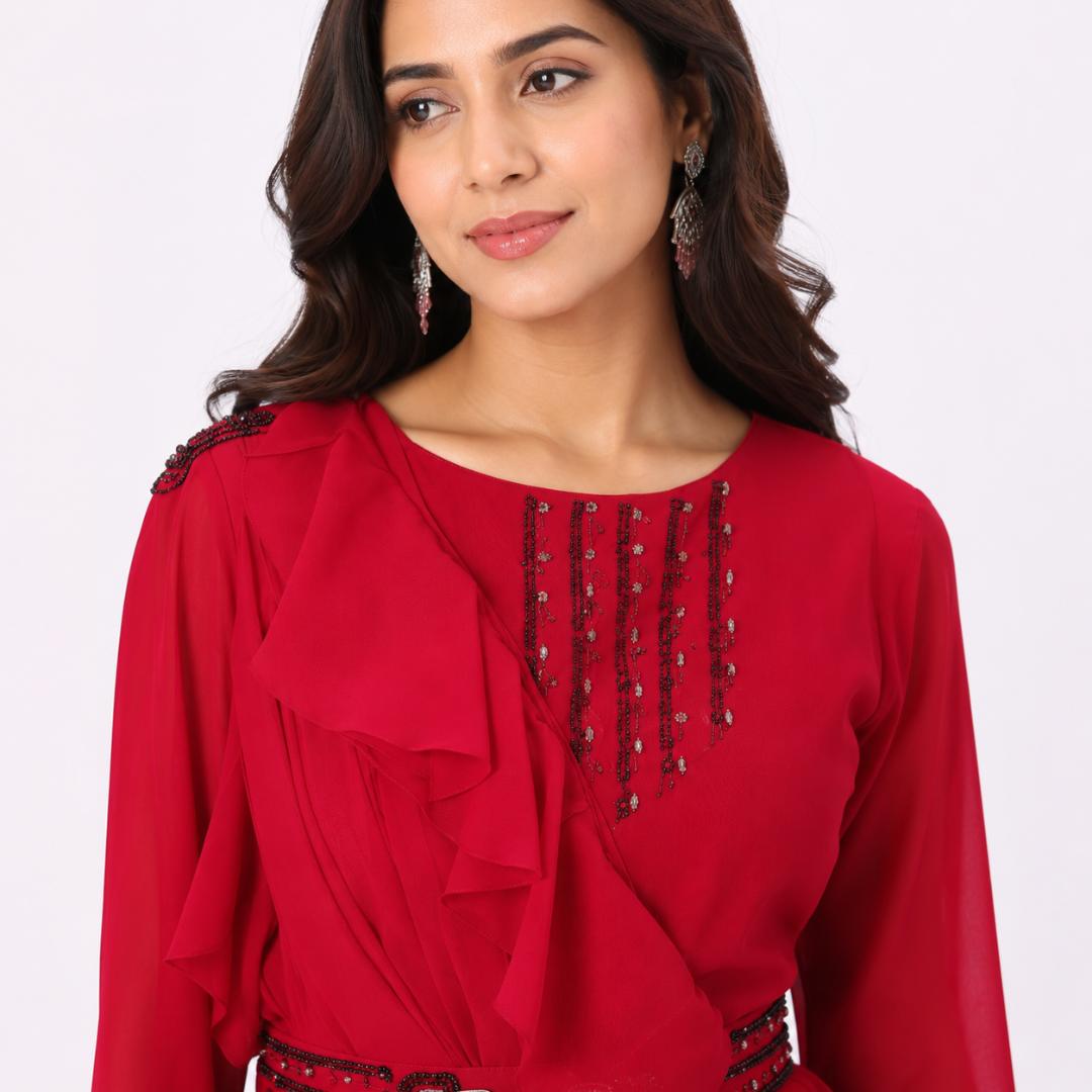 Red Ruffle Gown for Women | Heavy Party Wear Long Gown with Belt