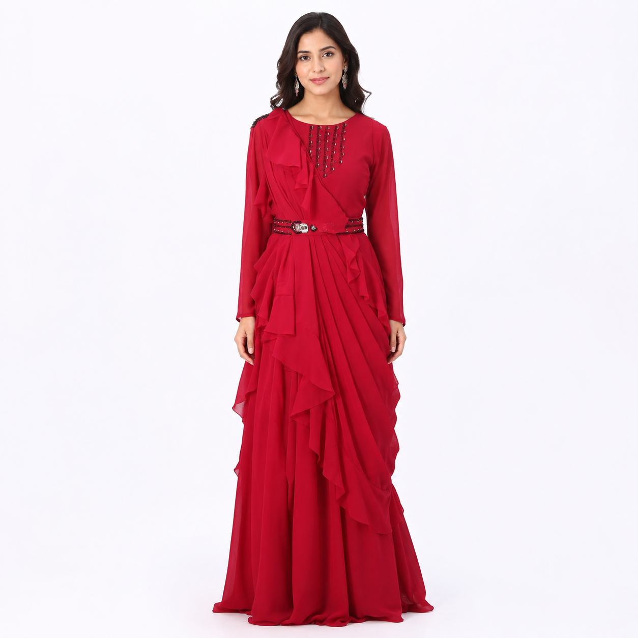 Red Ruffle Gown for Women | Heavy Party Wear Long Gown with Belt