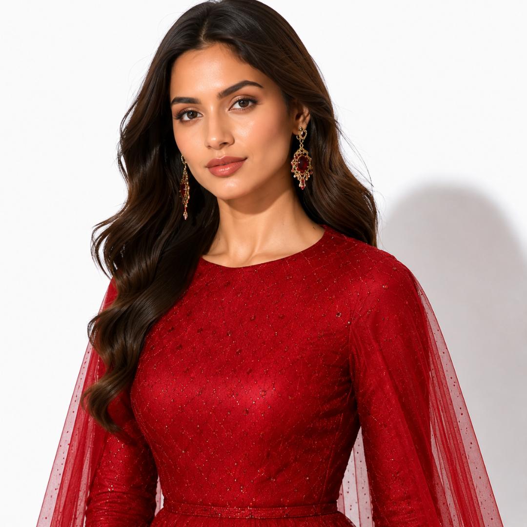 Ruby Red Shimmer Cape Sleeve Ball Gown with Flared Silhouette