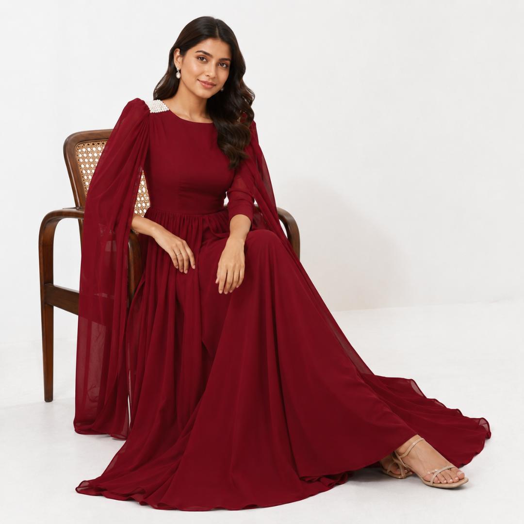 Red Cape Sleeve Gown for Women | Evening Party Wear Long Gown Wine