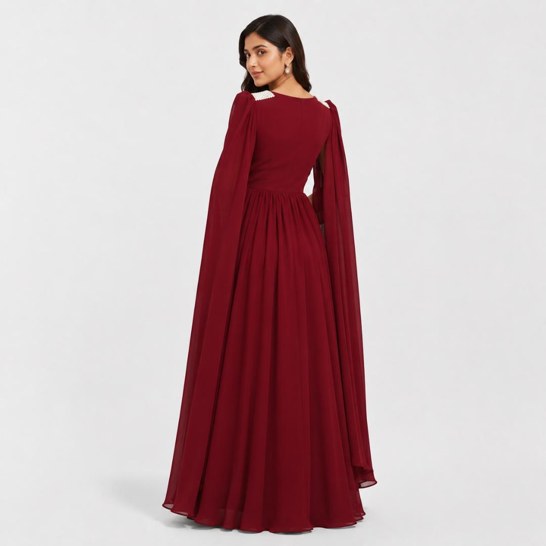 Red Cape Sleeve Gown for Women | Evening Party Wear Long Gown Wine