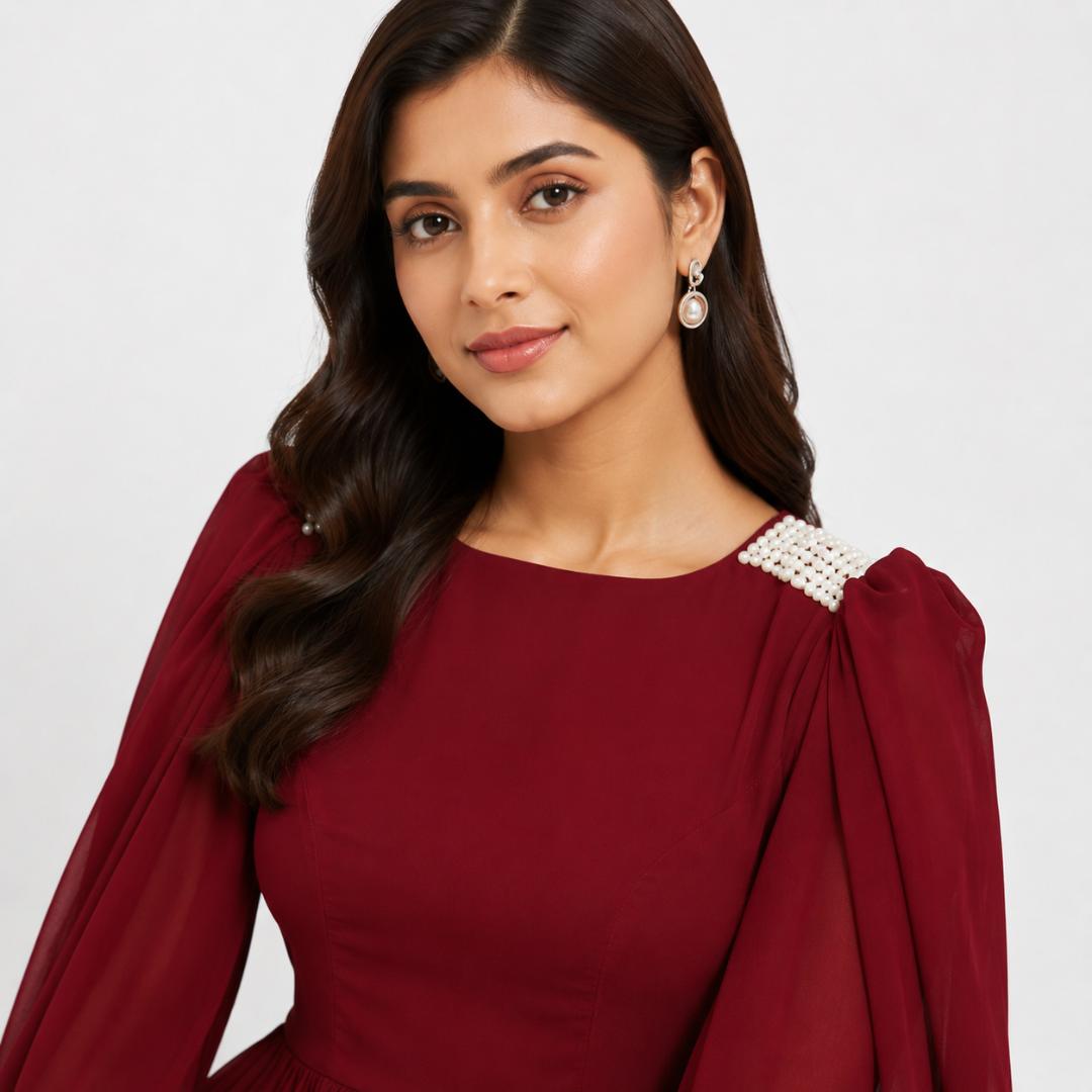 Red Cape Sleeve Gown for Women | Evening Party Wear Long Gown Wine