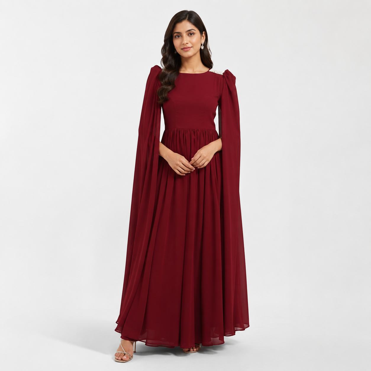 Red Cape Sleeve Gown for Women | Evening Party Wear Long Gown Wine