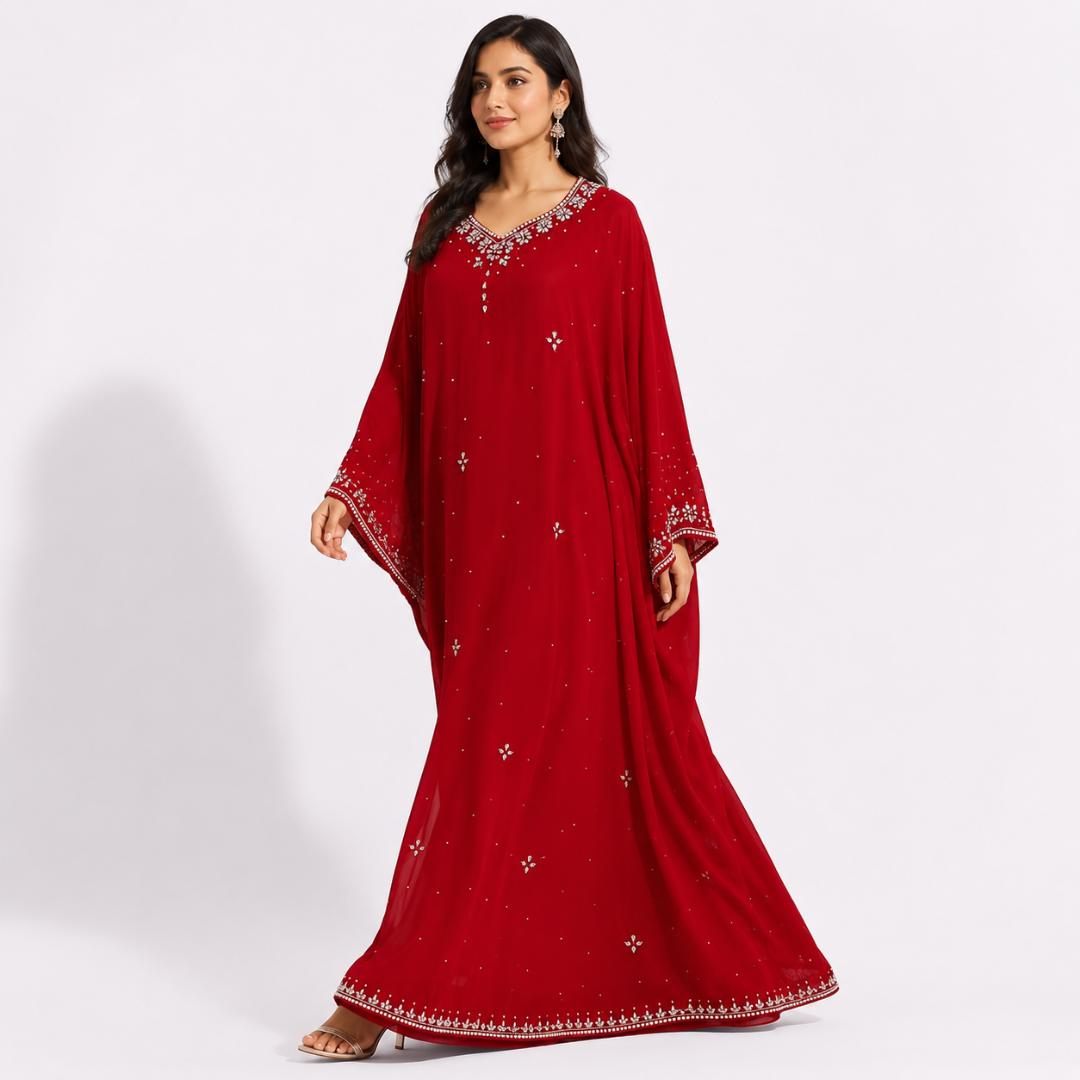 Red Kaftan Dress for Women | Stone Sequin Party Wear Kaftan Maxi
