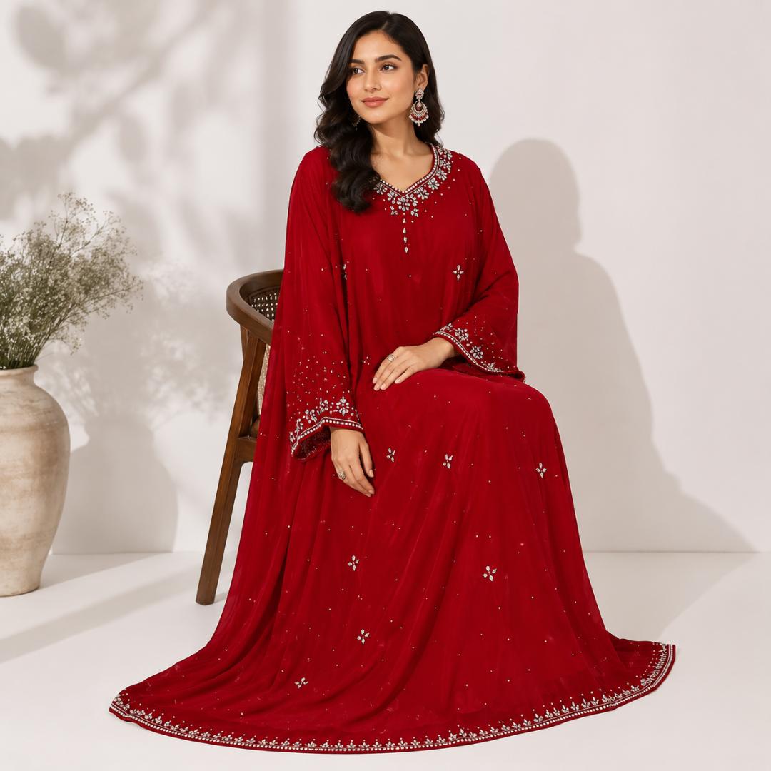 Red Kaftan Dress for Women | Stone Sequin Party Wear Kaftan Maxi