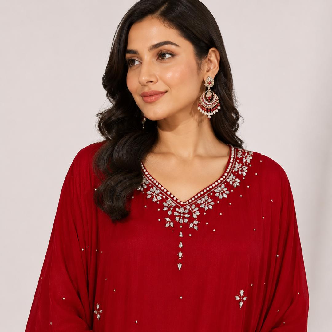 Red Kaftan Dress for Women | Stone Sequin Party Wear Kaftan Maxi