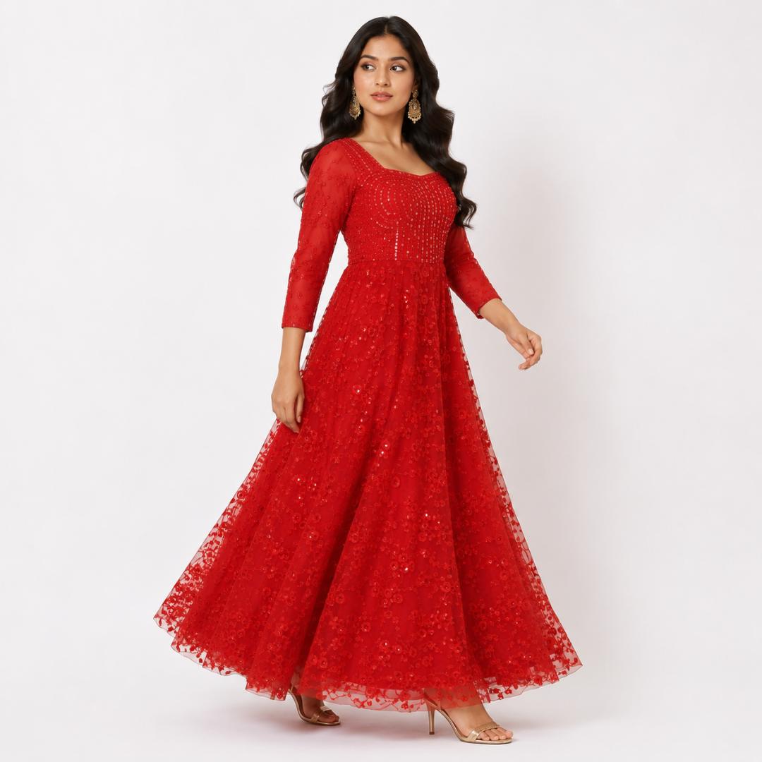 Red Gown for Women | Floral Net Princess Gown Party Wear Wedding