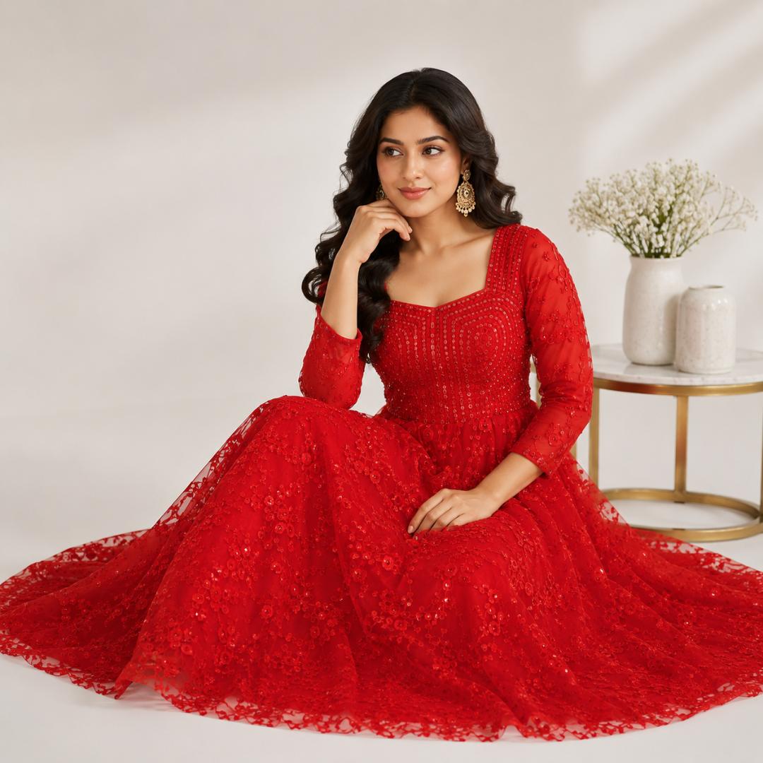 Red Gown for Women | Floral Net Princess Gown Party Wear Wedding