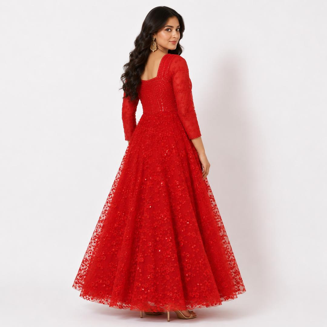 Red Gown for Women | Floral Net Princess Gown Party Wear Wedding