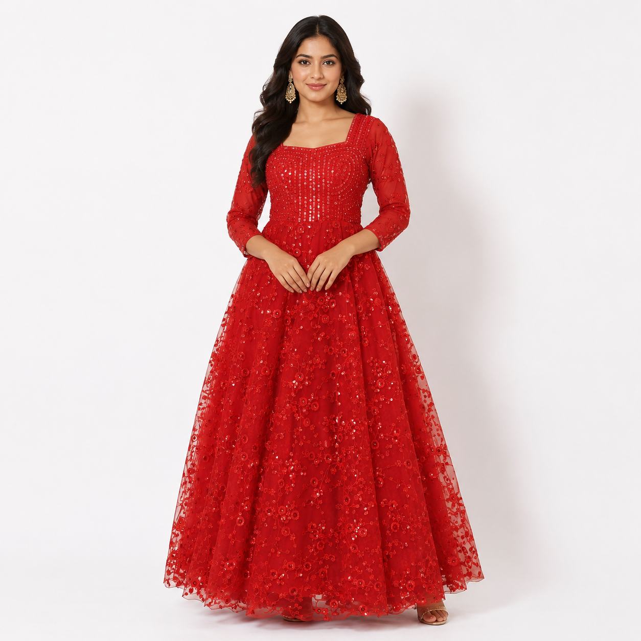 Red Gown for Women | Floral Net Princess Gown Party Wear Wedding