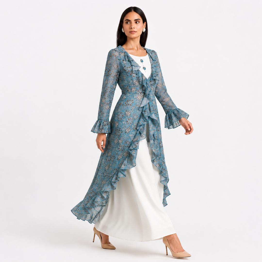 Blue Floral Maxi Dress for Women | Layered Ruffle Long Dress Party