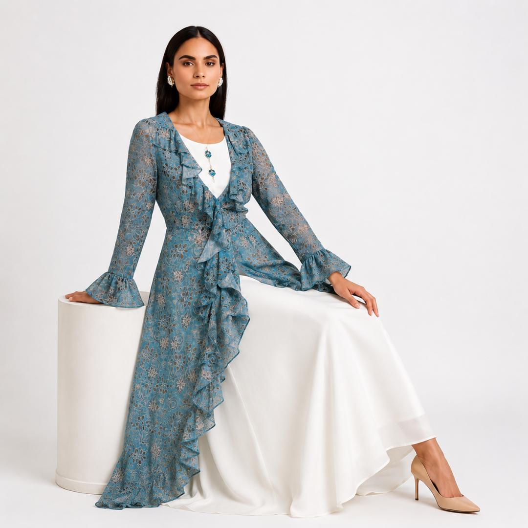 Blue Floral Maxi Dress for Women | Layered Ruffle Long Dress Party