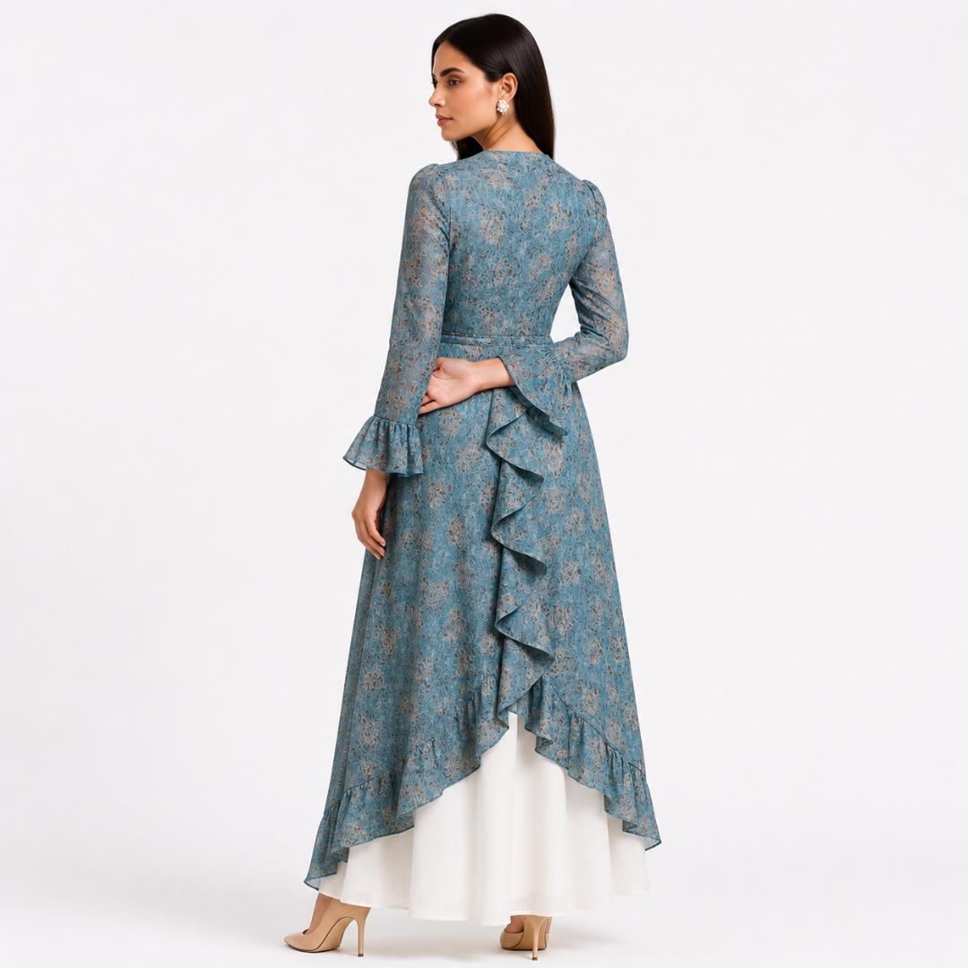 Blue Floral Maxi Dress for Women | Layered Ruffle Long Dress Party