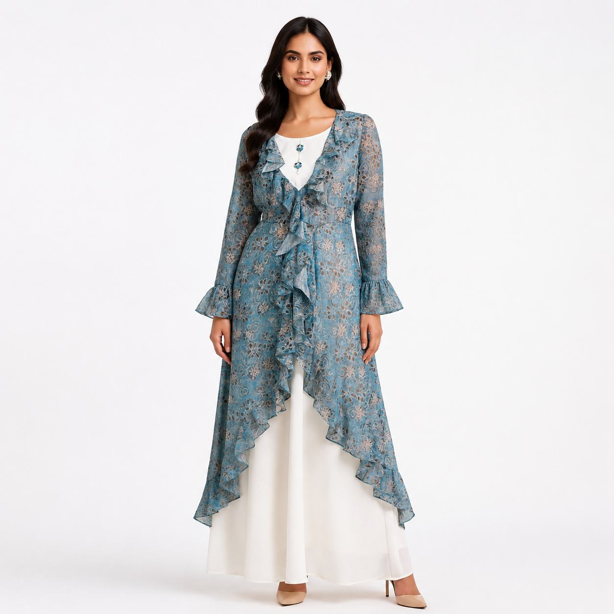 Blue Floral Maxi Dress for Women | Layered Ruffle Long Dress Party