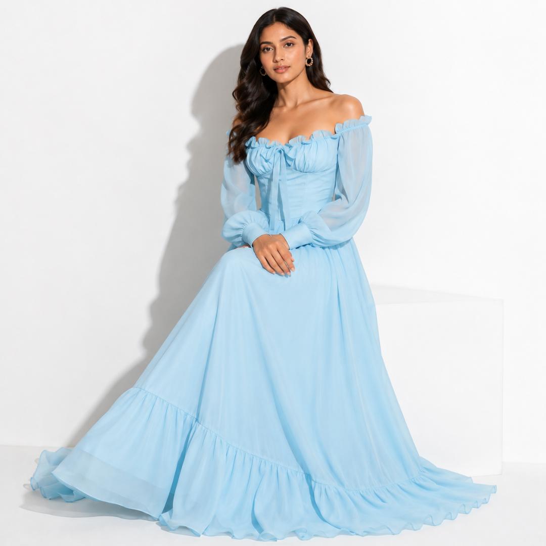 Sky Blue Off-Shoulder Ruffle Maxi Gown with Corset Fit