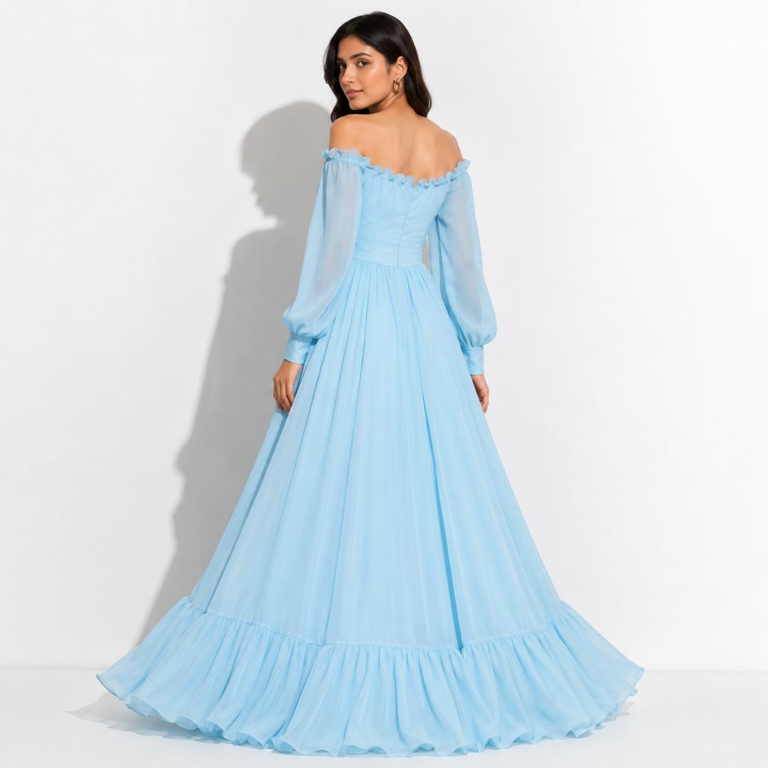 Sky Blue Off-Shoulder Ruffle Maxi Gown with Corset Fit