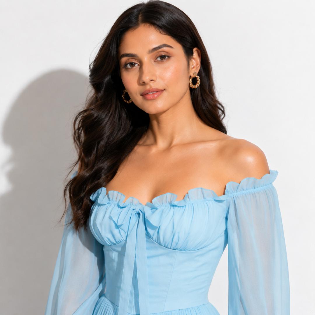 Sky Blue Off-Shoulder Ruffle Maxi Gown with Corset Fit