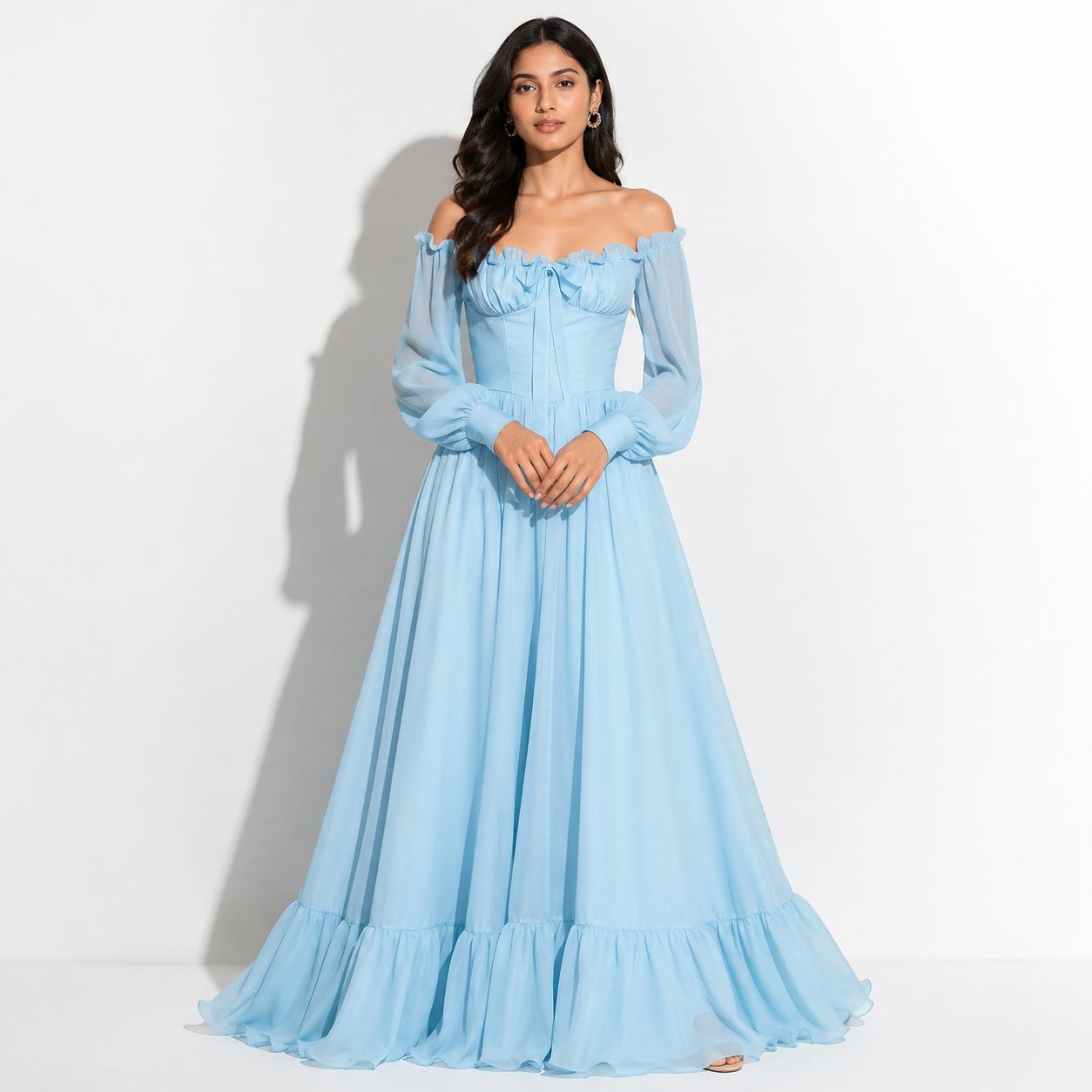 Sky Blue Off-Shoulder Ruffle Maxi Gown with Corset Fit