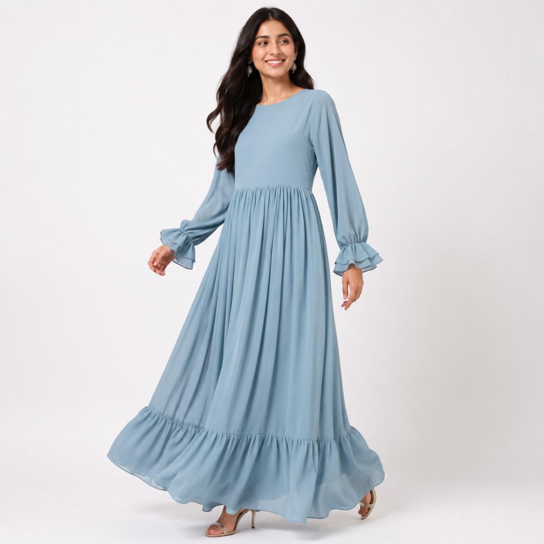 Sky Blue Maxi Dress for Women | Ruffle Hem Long Dress Party Casual