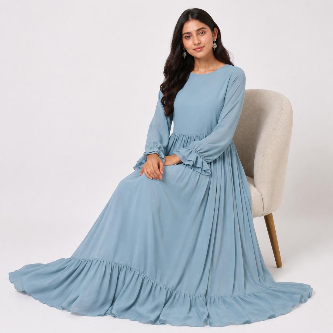 Sky Blue Maxi Dress for Women | Ruffle Hem Long Dress Party Casual