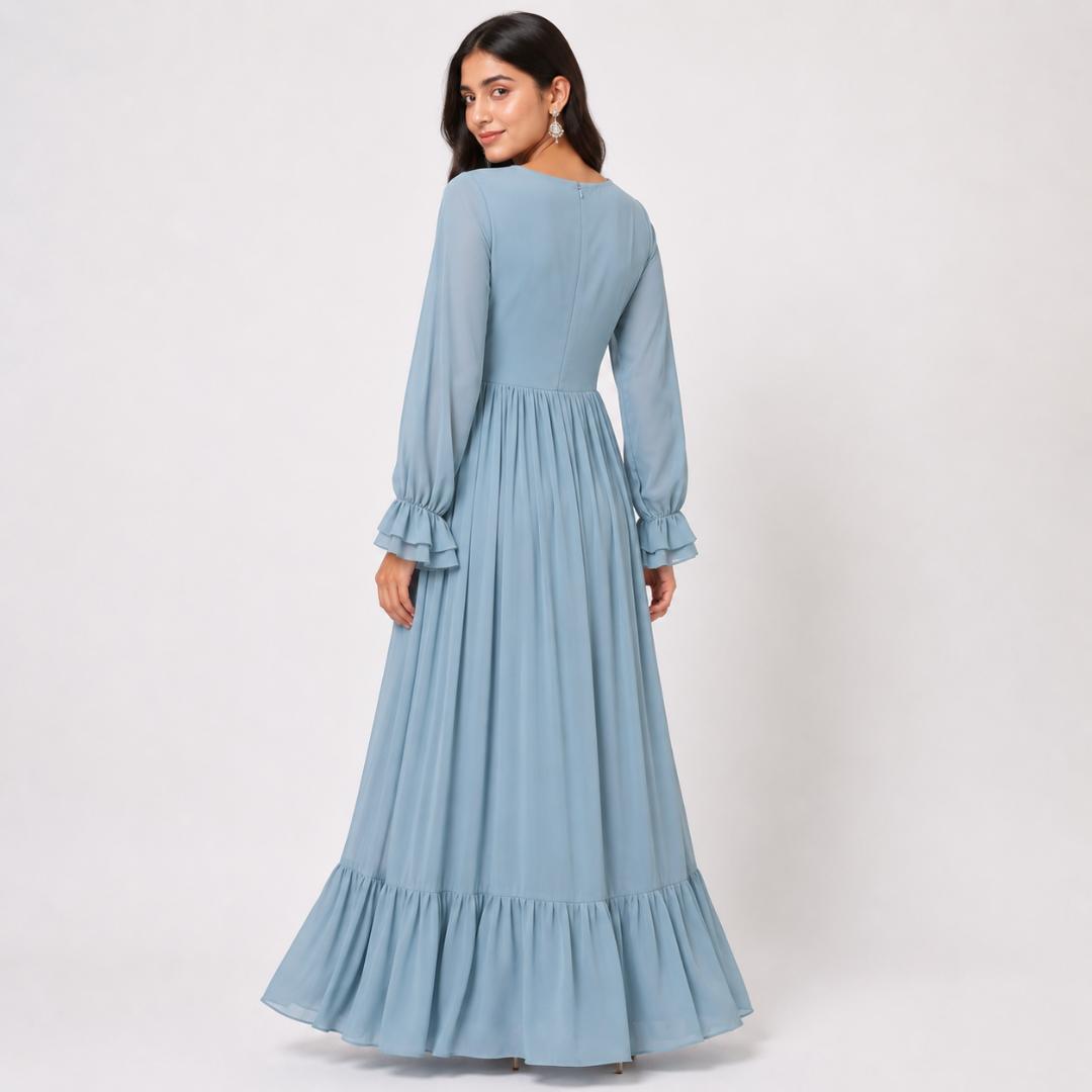 Sky Blue Maxi Dress for Women | Ruffle Hem Long Dress Party Casual