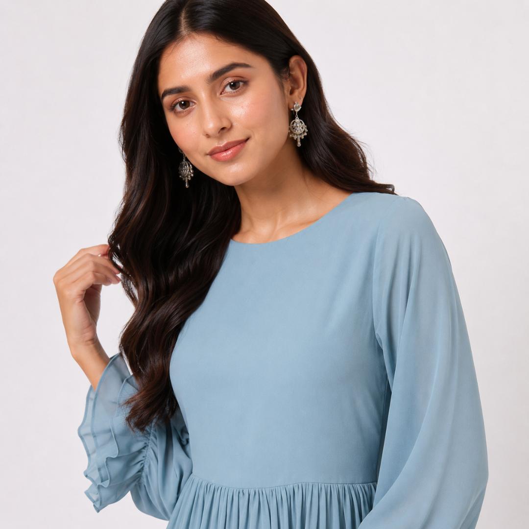 Sky Blue Maxi Dress for Women | Ruffle Hem Long Dress Party Casual