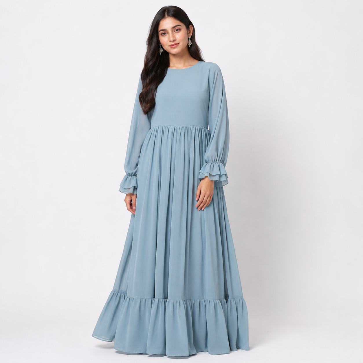 Sky Blue Maxi Dress for Women | Ruffle Hem Long Dress Party Casual