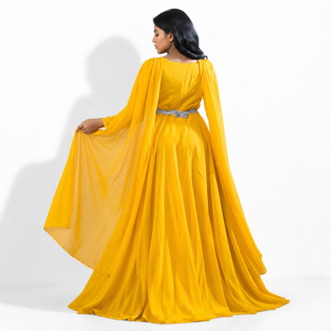 Sunflower Yellow Pleated Cape Sleeve Gown with Embellished Waist Belt