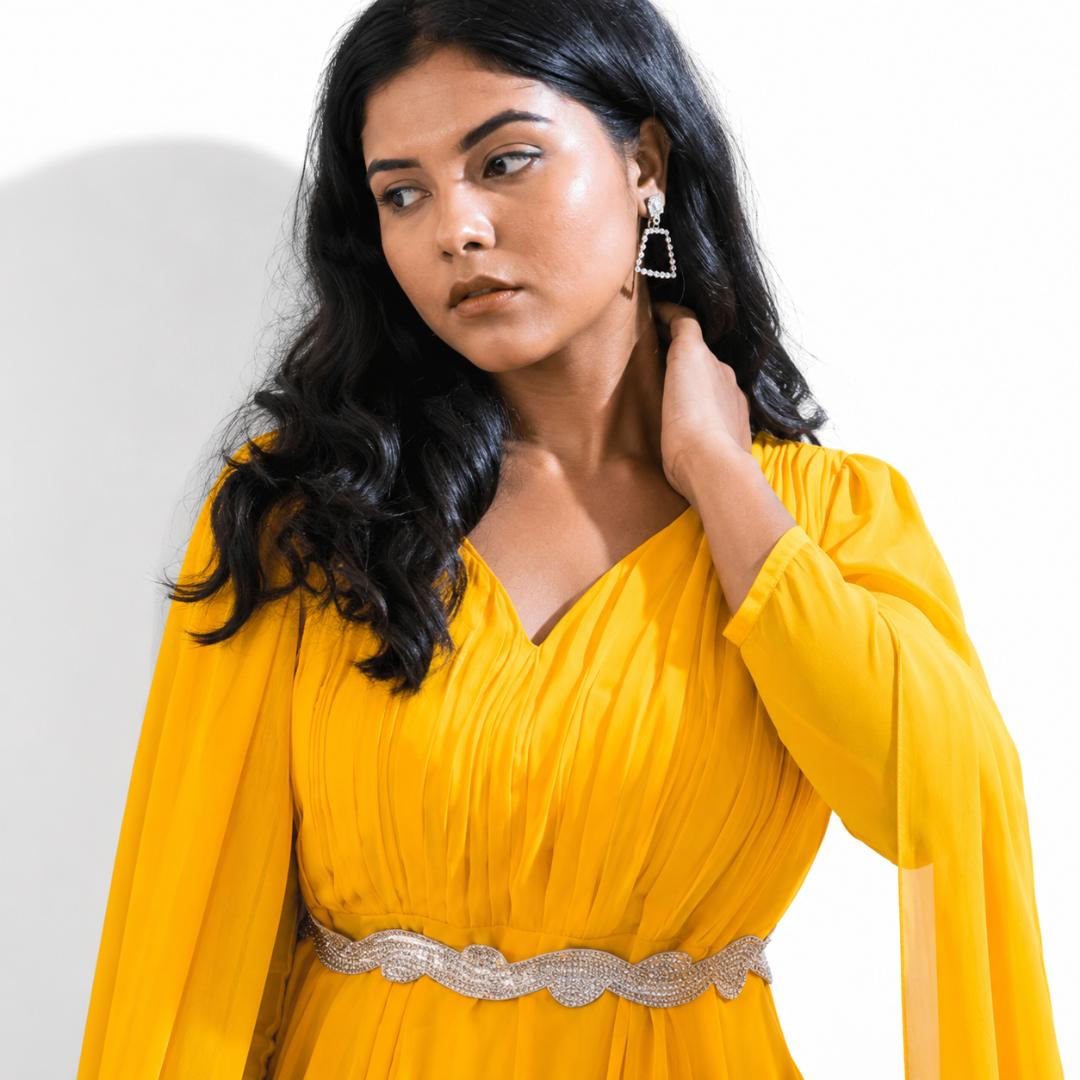 Sunflower Yellow Pleated Cape Sleeve Gown with Embellished Waist Belt