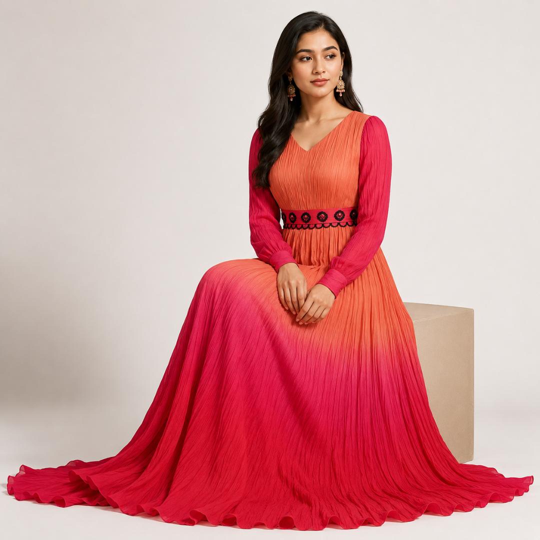 Sunset Pink Ombre Pleated Maxi Dress with Embroidered Waist Belt
