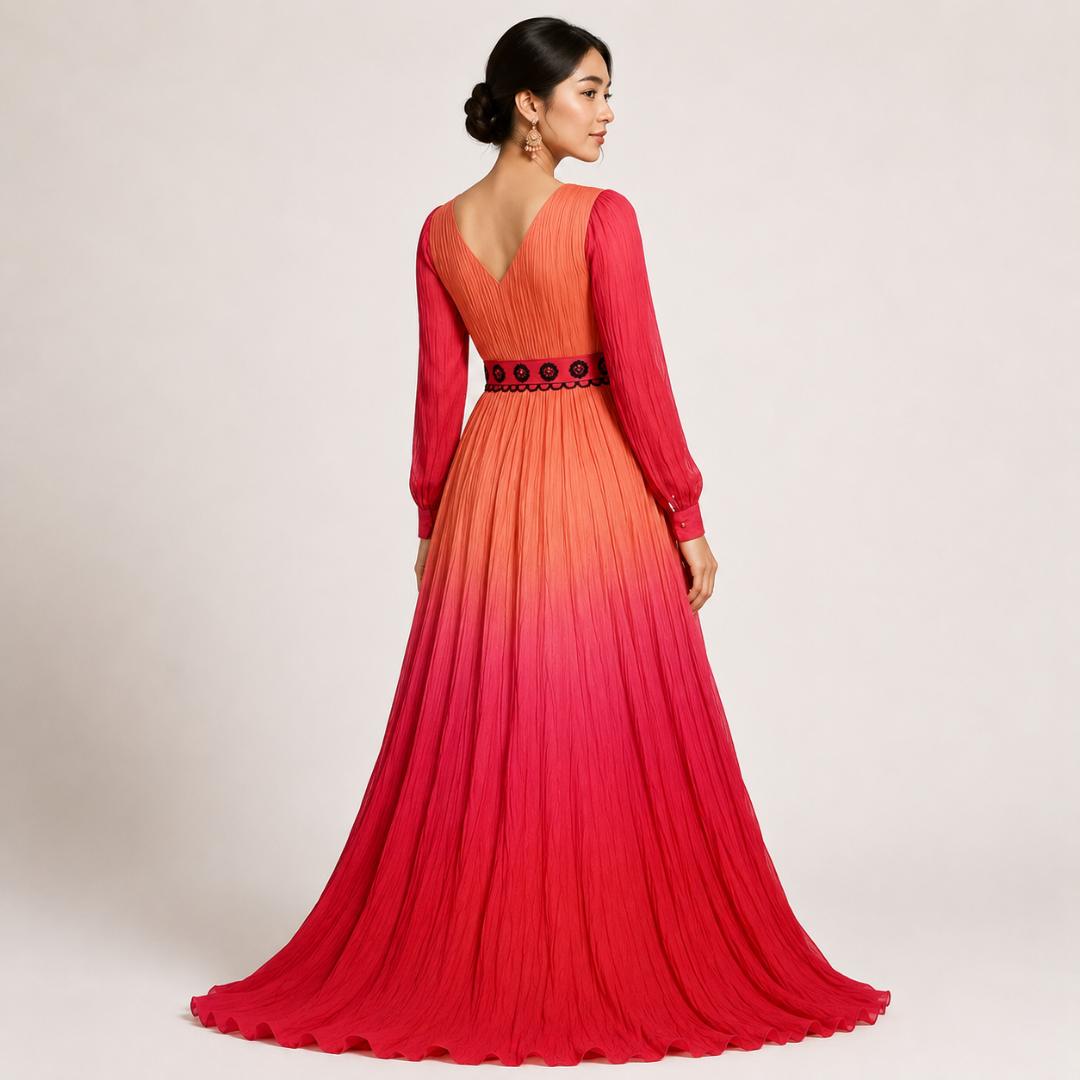 Sunset Pink Ombre Pleated Maxi Dress with Embroidered Waist Belt