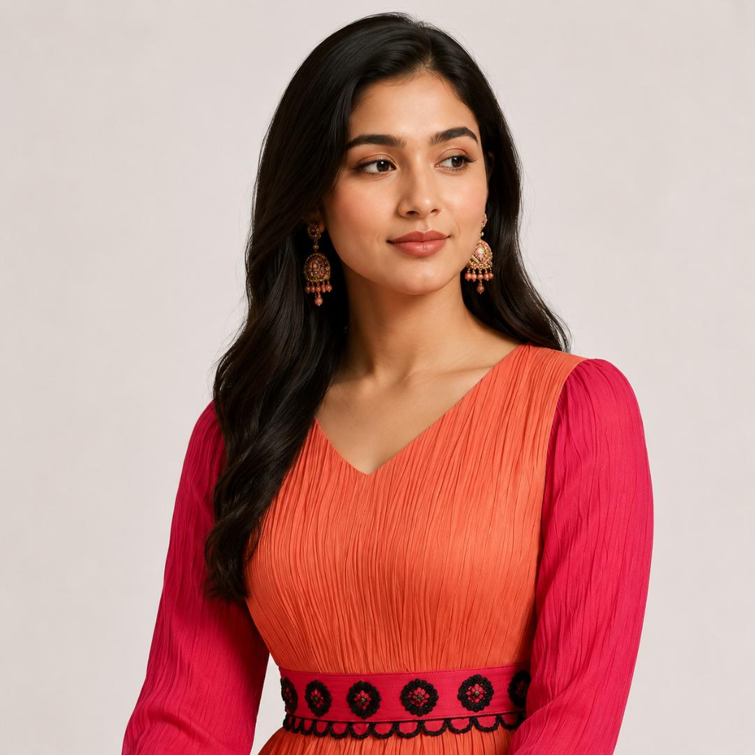Sunset Pink Ombre Pleated Maxi Dress with Embroidered Waist Belt