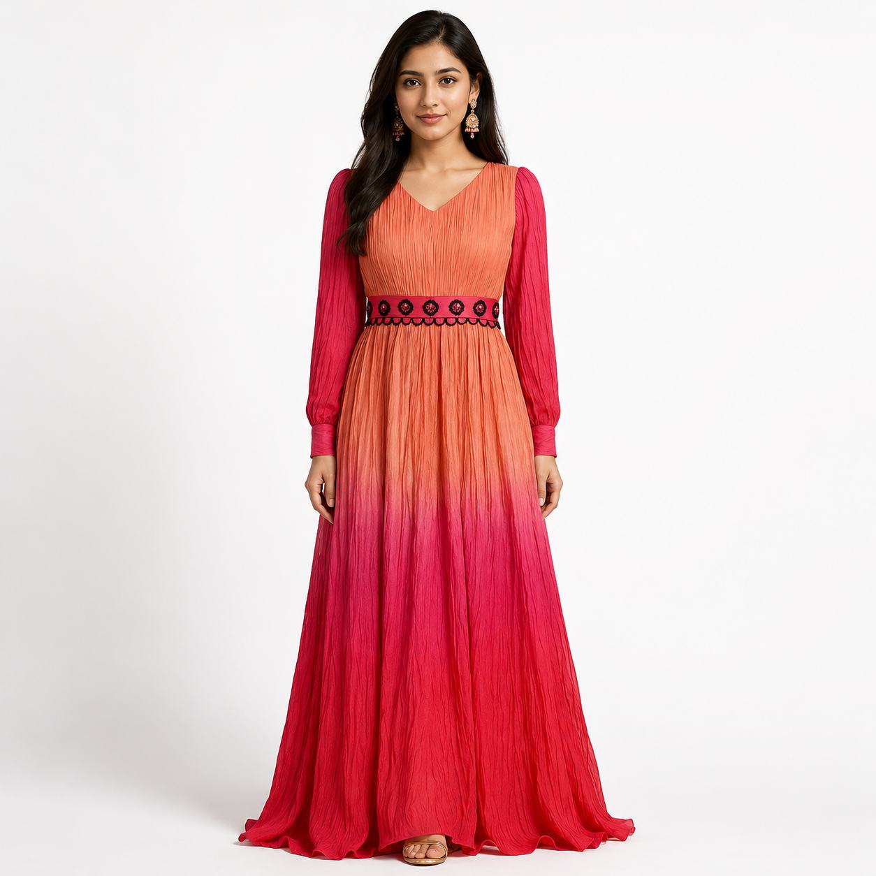Sunset Pink Ombre Pleated Maxi Dress with Embroidered Waist Belt