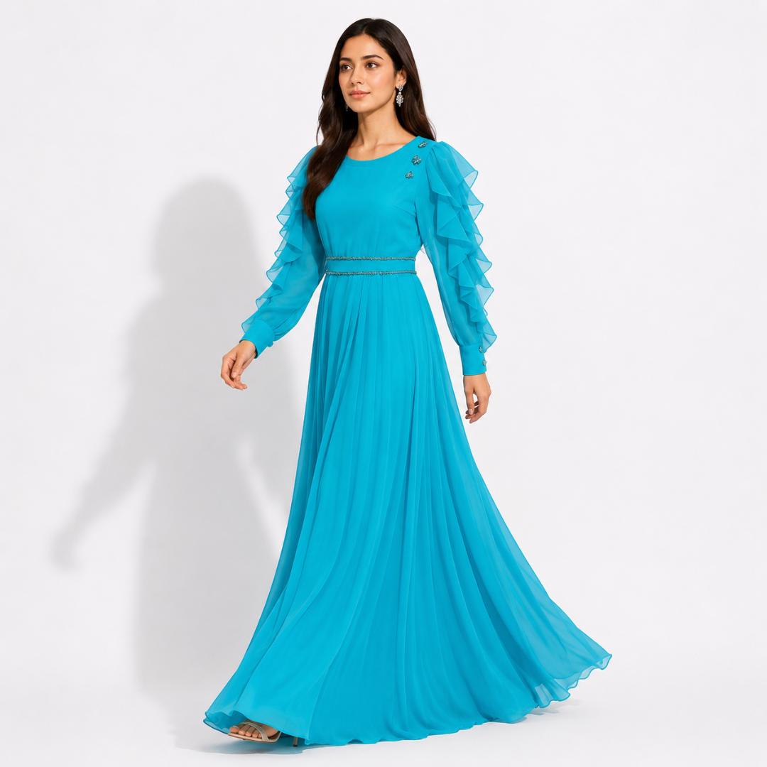 Teal Blue Ruffle Sleeve Maxi Gown