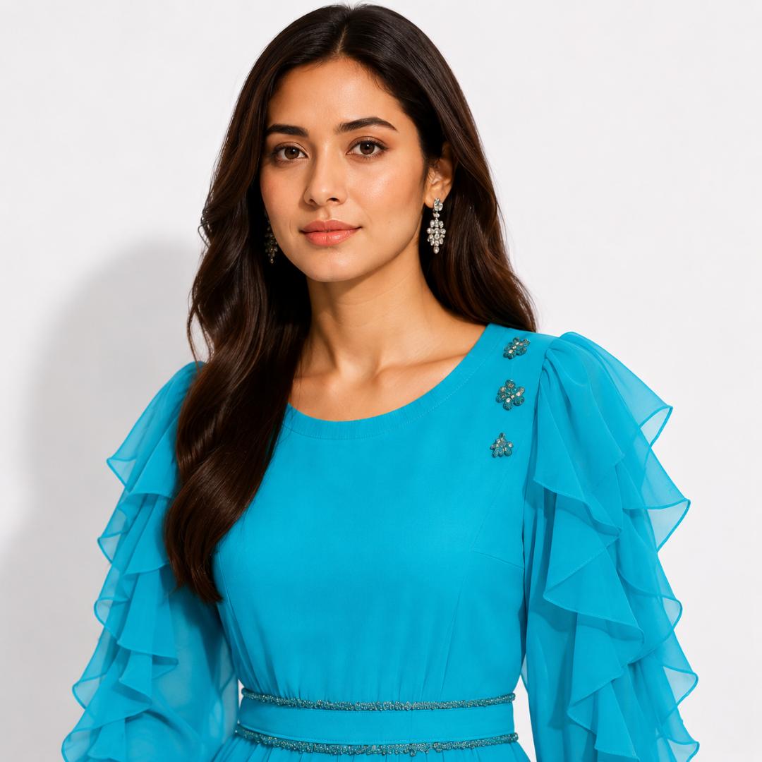 Teal Blue Ruffle Sleeve Maxi Gown
