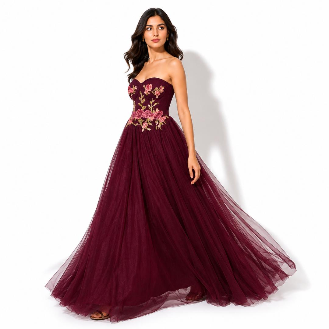 Wine Floral Embroidered Ball Gown