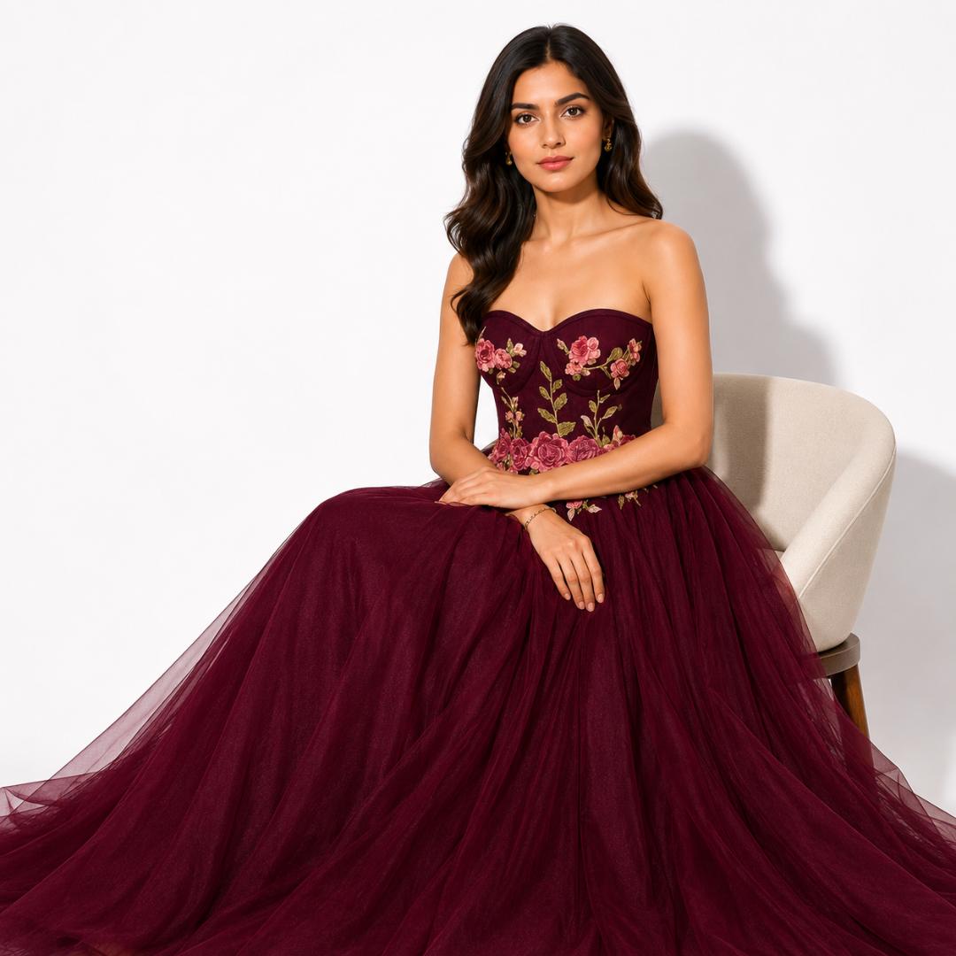 Wine Floral Embroidered Ball Gown