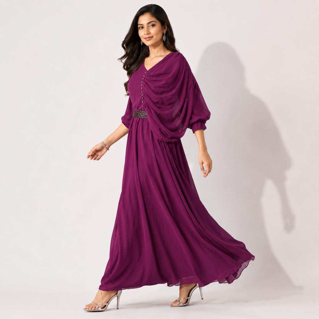 Wine Purple Draped Cape Style Gown with Embellished Waist Belt