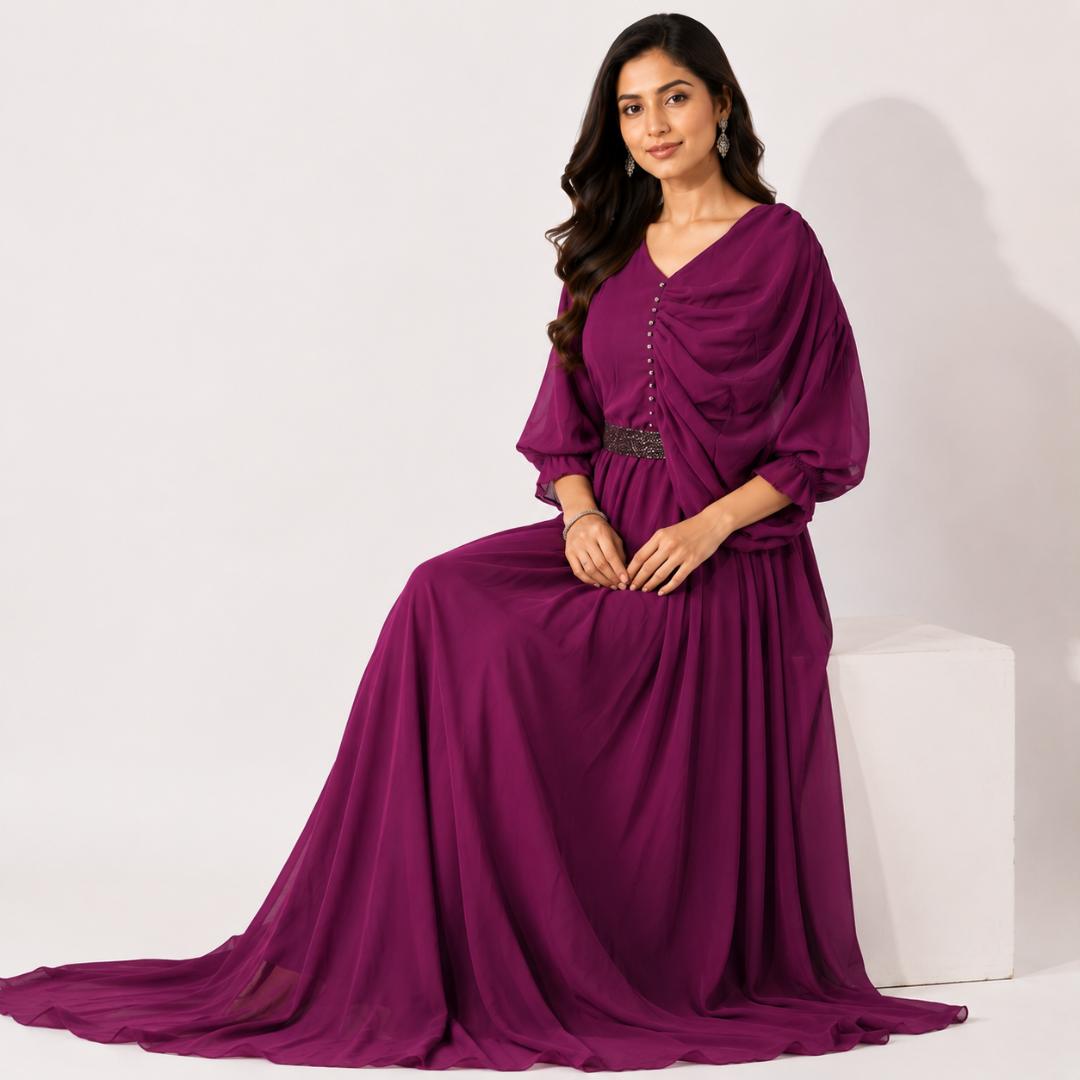 Wine Purple Draped Cape Style Gown with Embellished Waist Belt
