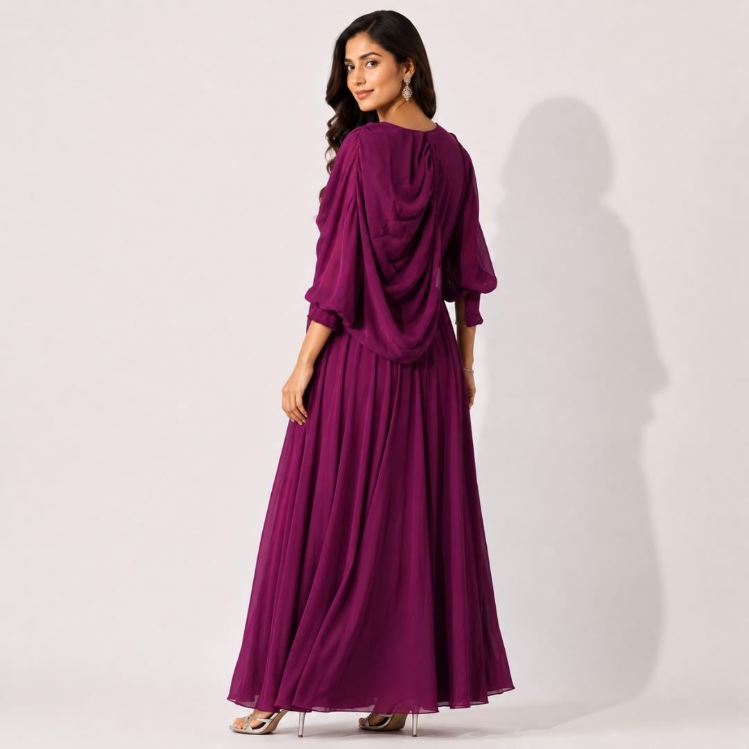 Wine Purple Draped Cape Style Gown with Embellished Waist Belt