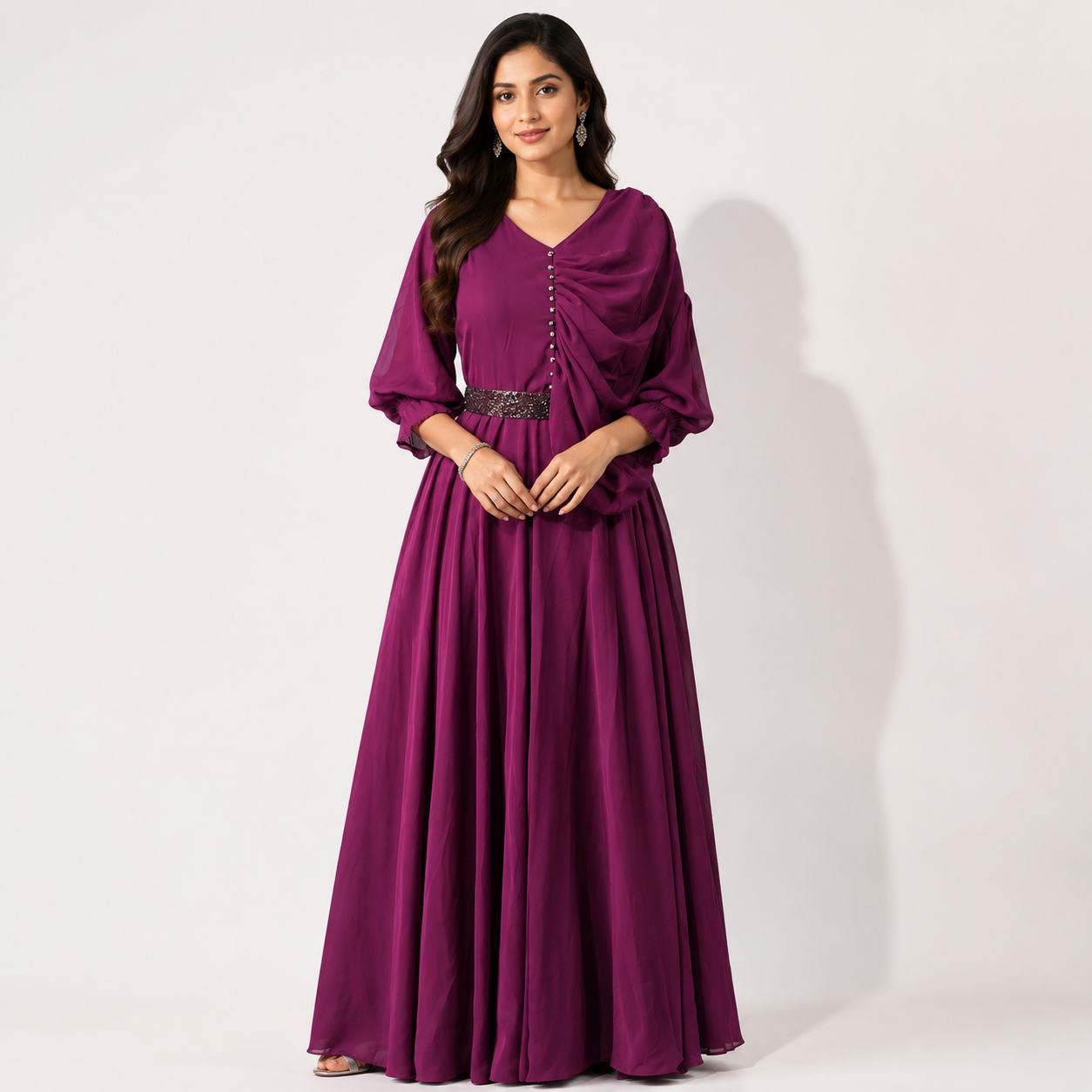 Wine Purple Draped Cape Style Gown with Embellished Waist Belt