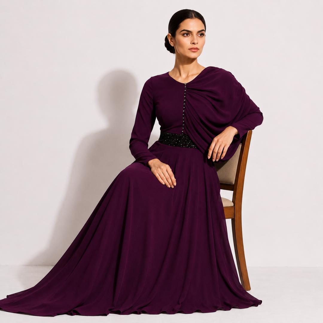Wine Purple Draped Waist Elegant Maxi Gown with Embellished Belt