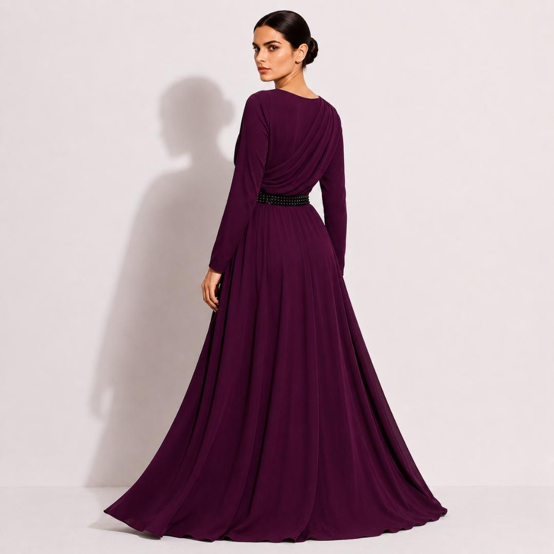 Wine Purple Draped Waist Elegant Maxi Gown with Embellished Belt