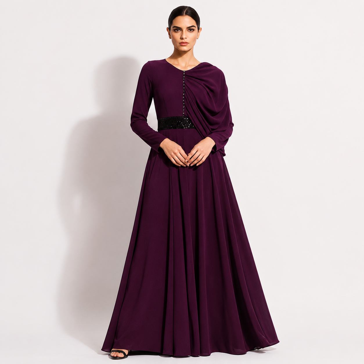 Wine Purple Draped Waist Elegant Maxi Gown with Embellished Belt