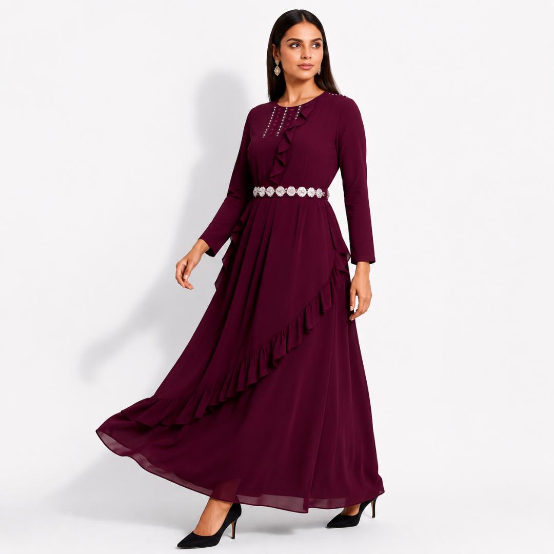 Wine Ruffle Detail Maxi Gown