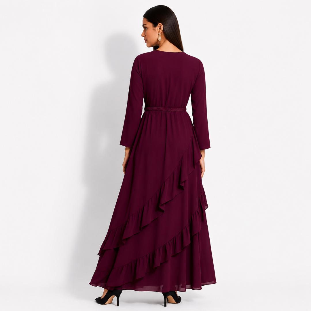 Wine Ruffle Detail Maxi Gown