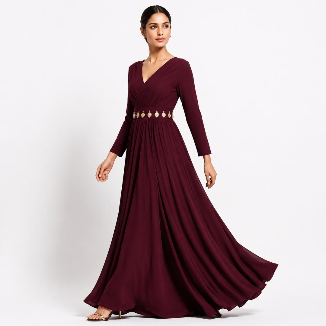 Wine Wrap Neck Elegant Maxi Gown