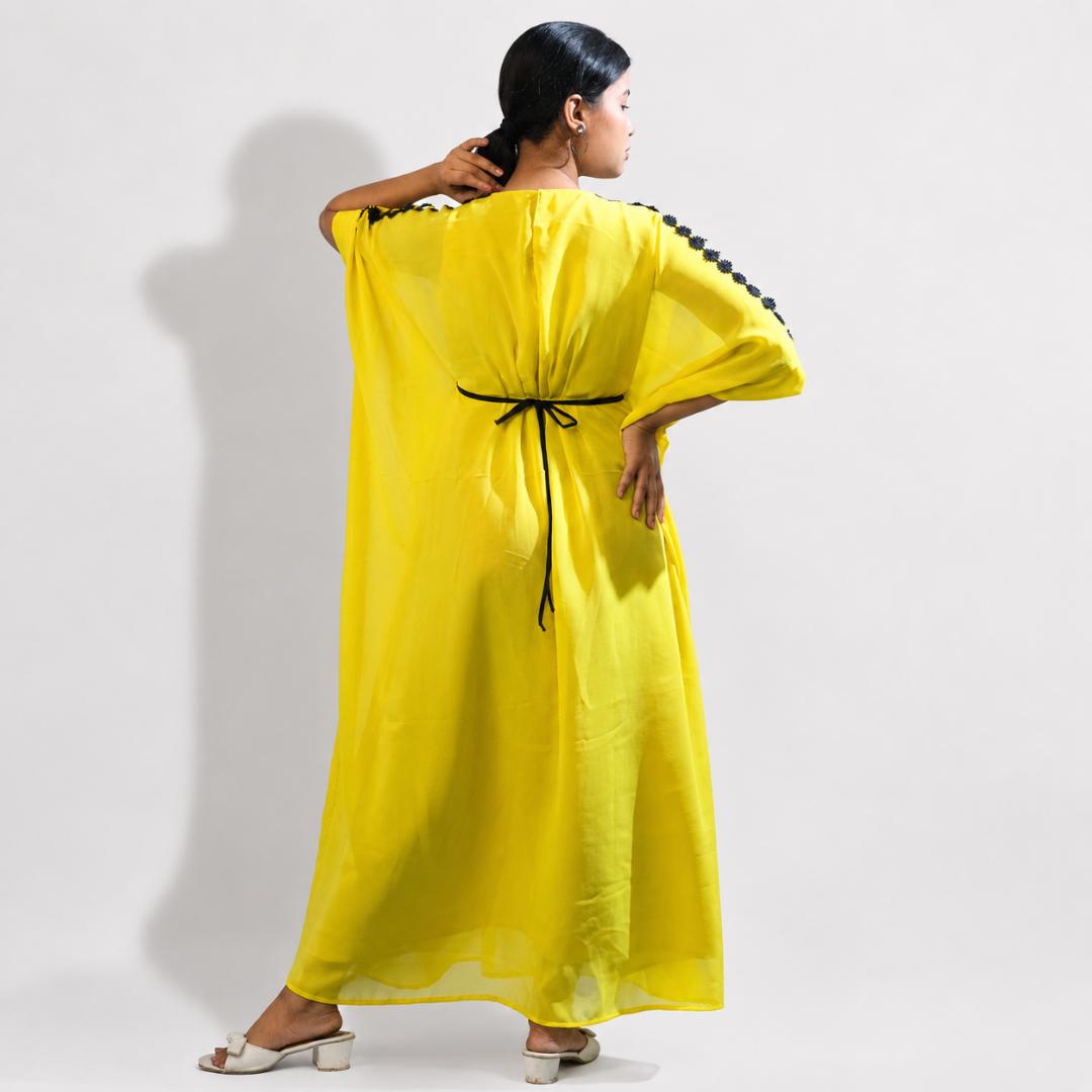 Yellow  Kaftan with Black Belt Detail