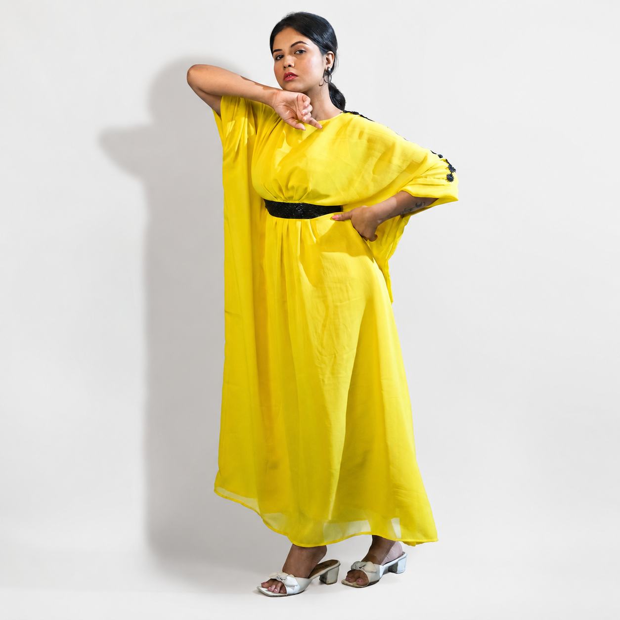Yellow  Kaftan with Black Belt Detail